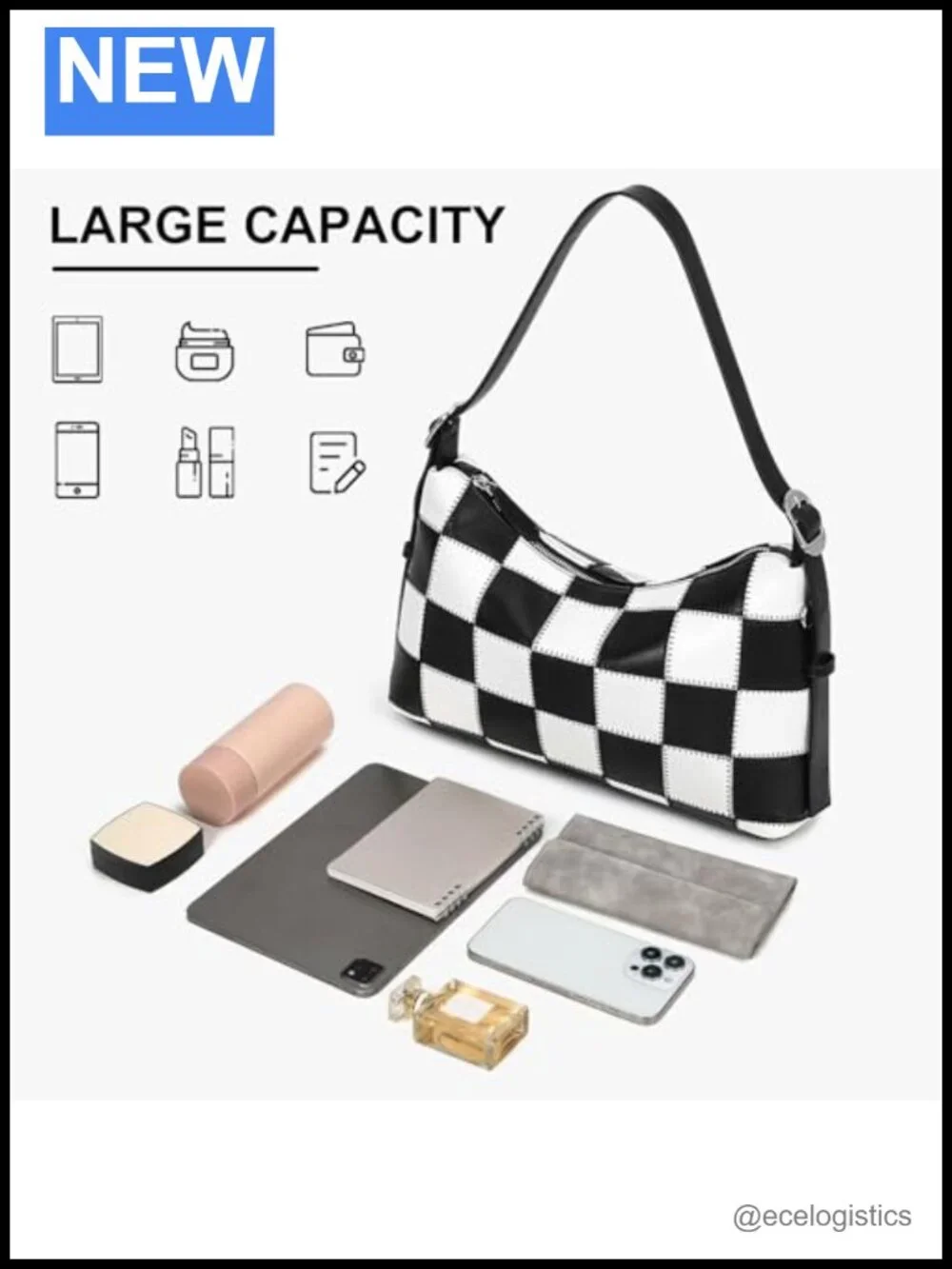 Checkered Vegan Leather Tote Hobo Shoulder Bag with Adjustable Strap